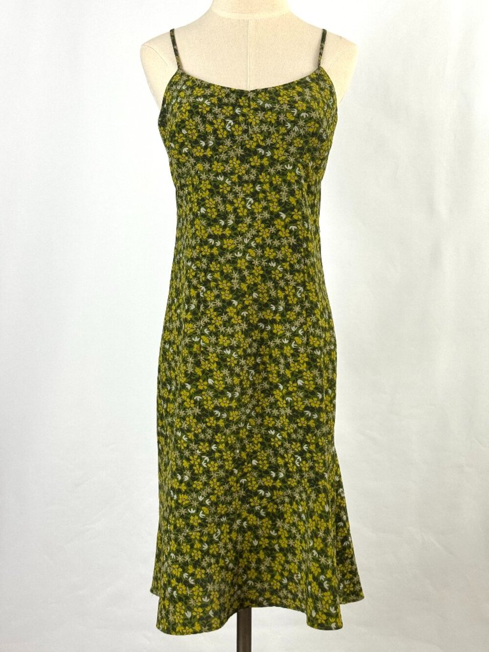 Vtg Express 90s Y2K Green Ditsy Floral Babydoll Dress Flared Hem Forest Fairy